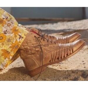 Bed Stu Loretta Boots Leather Woven Cap Toe Lace Up Booties Oats Rustic 6